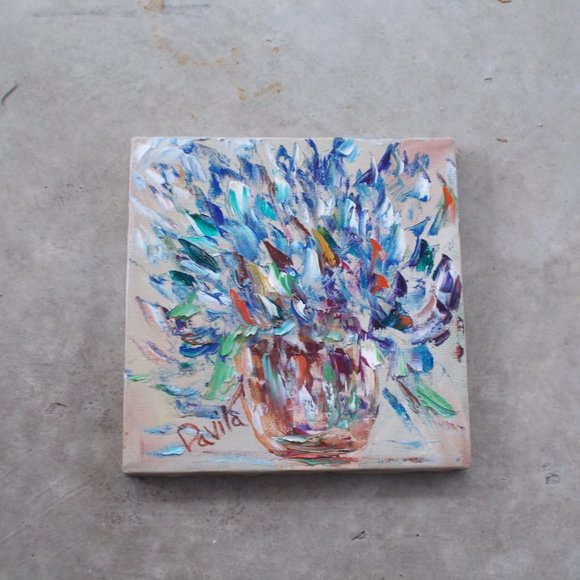 New, Original "Paris Blue Floral" oil painting, 10"x10" - Picture 2 of 2